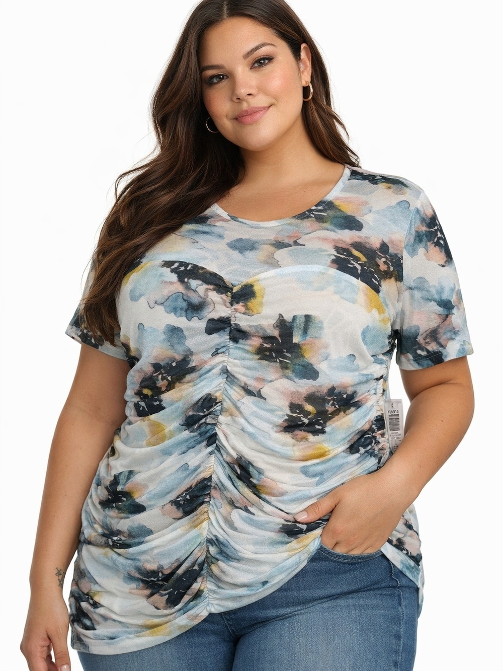 torrid Short Sleeve Ruched Watercolor Floral Tee - Blue Multi